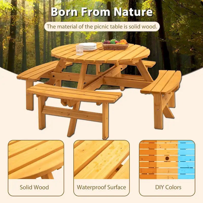 8 Person Dining Table with 4 Built-in Benches Outdoor Camping Round Dining Table Poolside Picnic Beer Table with Seat