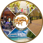 8 Person Dining Table with 4 Built-in Benches Outdoor Camping Round Dining Table Poolside Picnic Beer Table with Seat