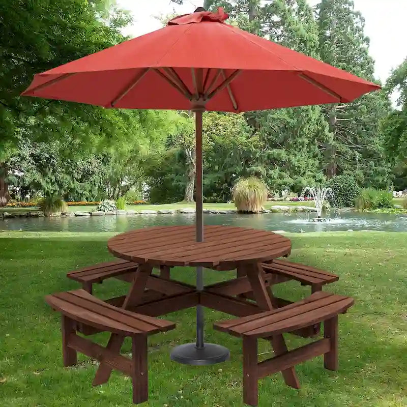 8 Person Dining Table with 4 Built-in Benches Outdoor Camping Round Dining Table Poolside Picnic Beer Table with Seat