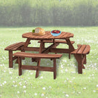 8 Person Dining Table with 4 Built-in Benches Outdoor Camping Round Dining Table Poolside Picnic Beer Table with Seat