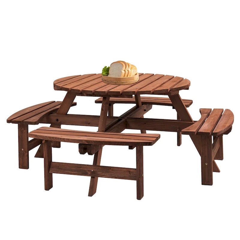 8 Person Dining Table with 4 Built-in Benches Outdoor Camping Round Dining Table Poolside Picnic Beer Table with Seat