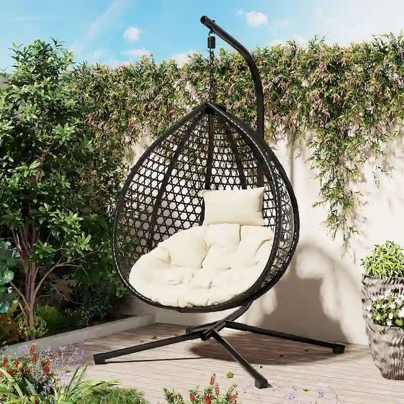 Versatile Egg Chair for Indoor and Outdoor Use, PE Rattan Patio Swing Hanging Chair with Stand and Cushion
