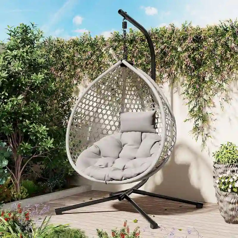 Versatile Egg Chair for Indoor and Outdoor Use, PE Rattan Patio Swing Hanging Chair with Stand and Cushion