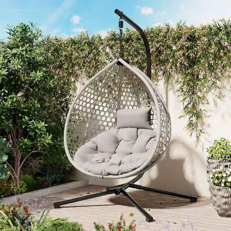 Versatile Egg Chair for Indoor and Outdoor Use, PE Rattan Patio Swing Hanging Chair with Stand and Cushion