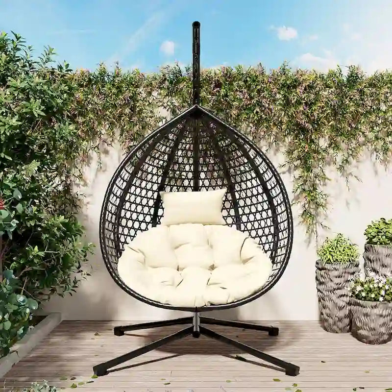 Versatile Egg Chair for Indoor and Outdoor Use, PE Rattan Patio Swing Hanging Chair with Stand and Cushion