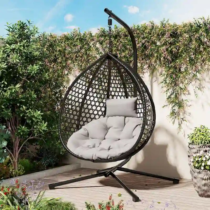 Versatile Egg Chair for Indoor and Outdoor Use, PE Rattan Patio Swing Hanging Chair with Stand and Cushion