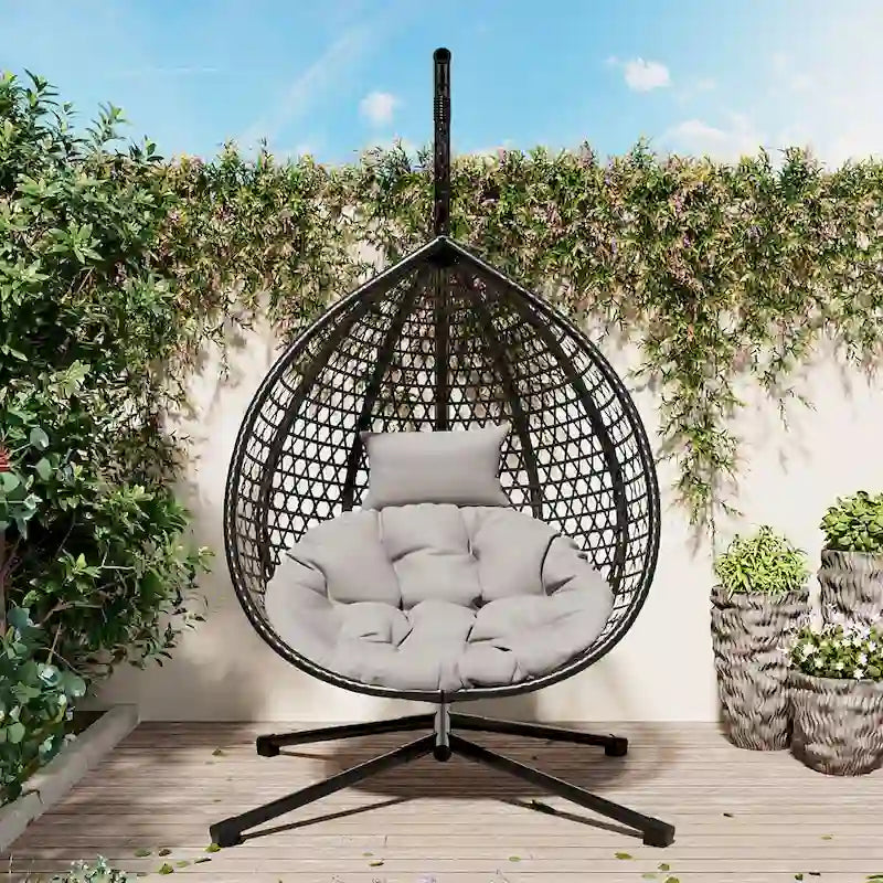 Versatile Egg Chair for Indoor and Outdoor Use, PE Rattan Patio Swing Hanging Chair with Stand and Cushion