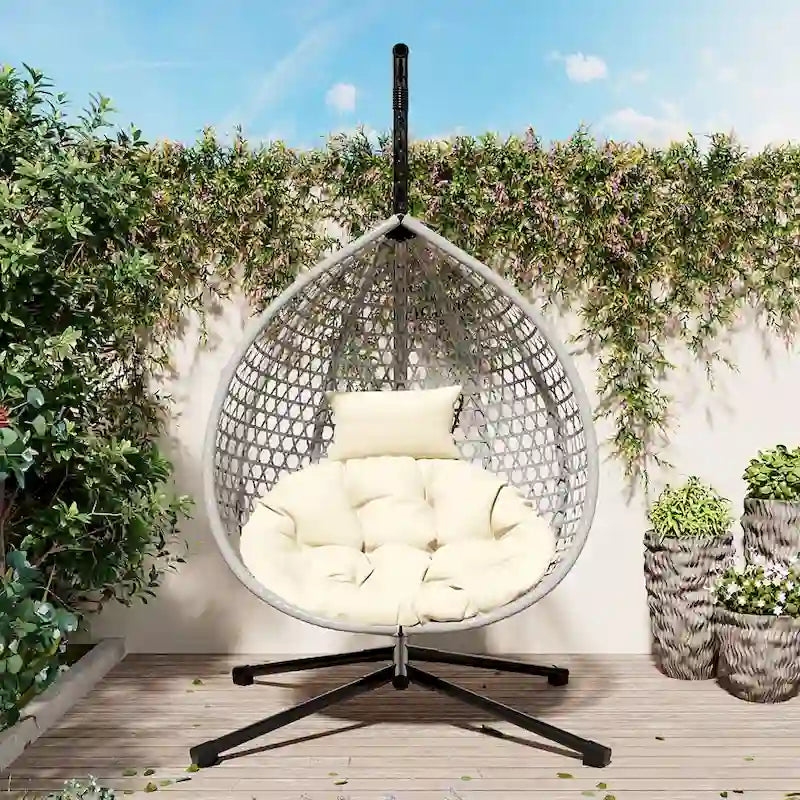 Versatile Egg Chair for Indoor and Outdoor Use, PE Rattan Patio Swing Hanging Chair with Stand and Cushion