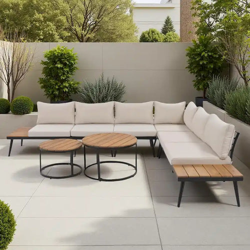 6-Piece Outdoor Patio Iron Modular Sectional Sofa Set with Nesting Coffee Tables and Side Storage Shelf