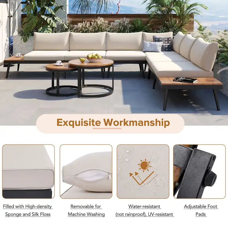 6-Piece Outdoor Patio Iron Modular Sectional Sofa Set with Nesting Coffee Tables and Side Storage Shelf