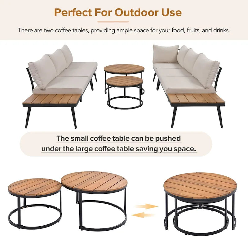 6-Piece Outdoor Patio Iron Modular Sectional Sofa Set with Nesting Coffee Tables and Side Storage Shelf
