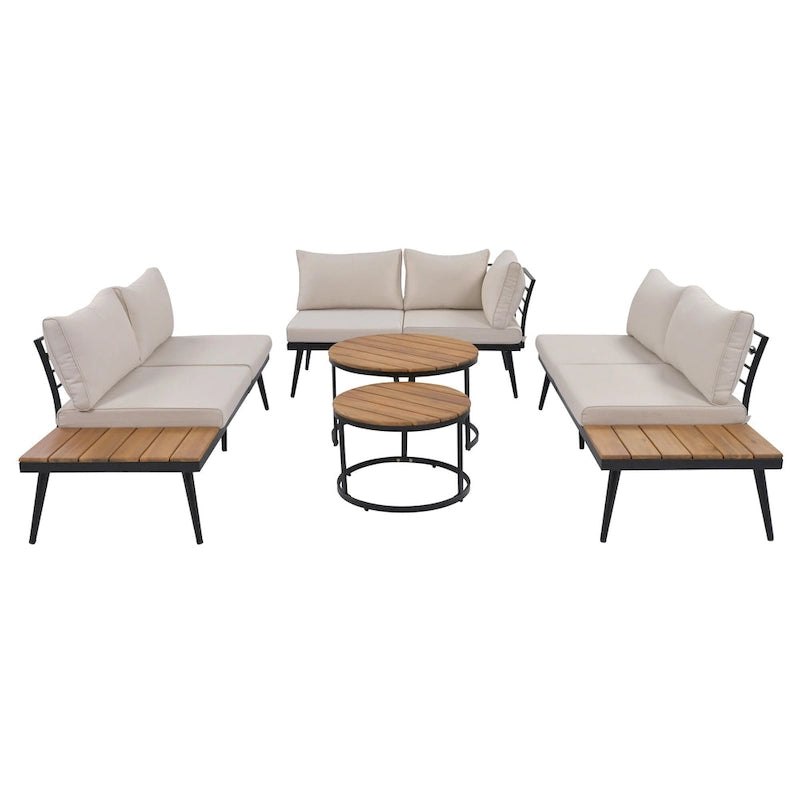 6-Piece Outdoor Patio Iron Modular Sectional Sofa Set with Nesting Coffee Tables and Side Storage Shelf