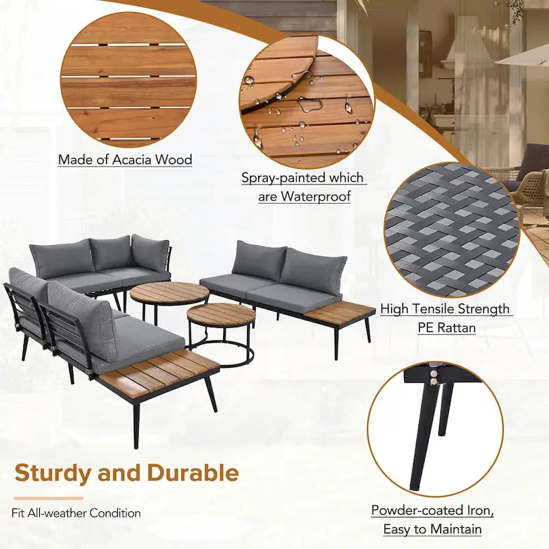 6-Piece Outdoor Patio Iron Modular Sectional Sofa Set with Nesting Coffee Tables and Side Storage Shelf