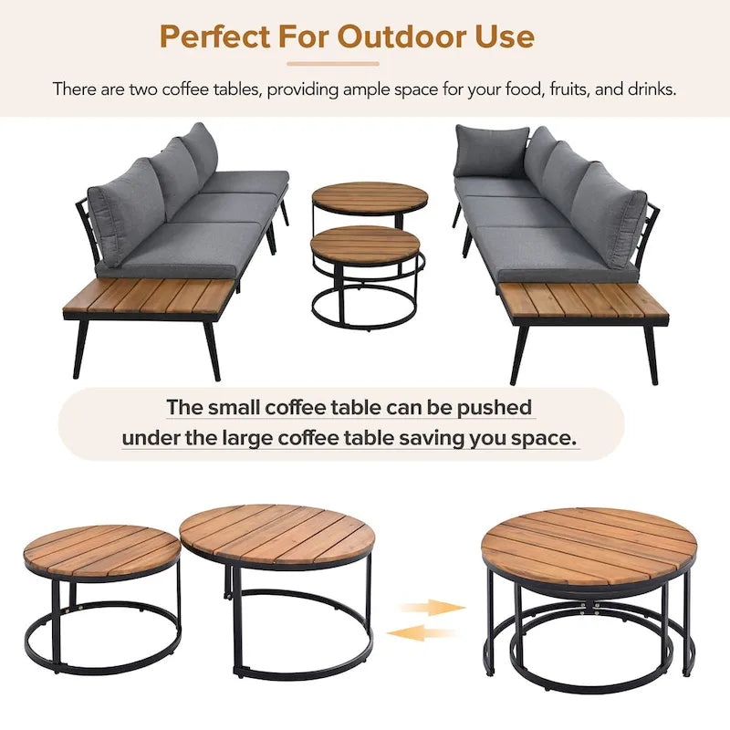 6-Piece Outdoor Patio Iron Modular Sectional Sofa Set with Nesting Coffee Tables and Side Storage Shelf