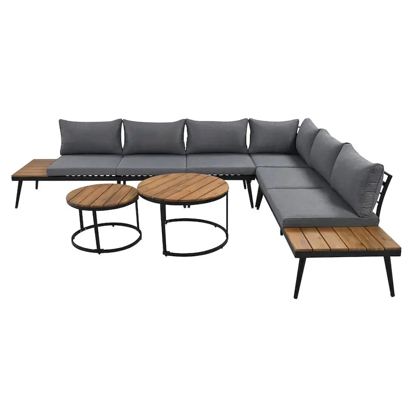 6-Piece Outdoor Patio Iron Modular Sectional Sofa Set with Nesting Coffee Tables and Side Storage Shelf