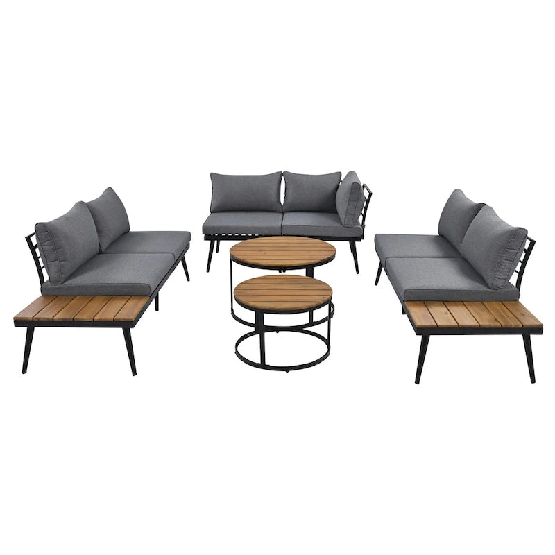 6-Piece Outdoor Patio Iron Modular Sectional Sofa Set with Nesting Coffee Tables and Side Storage Shelf