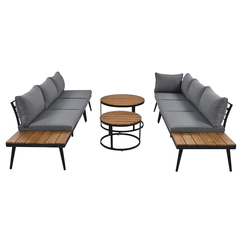 6-Piece Outdoor Patio Iron Modular Sectional Sofa Set with Nesting Coffee Tables and Side Storage Shelf