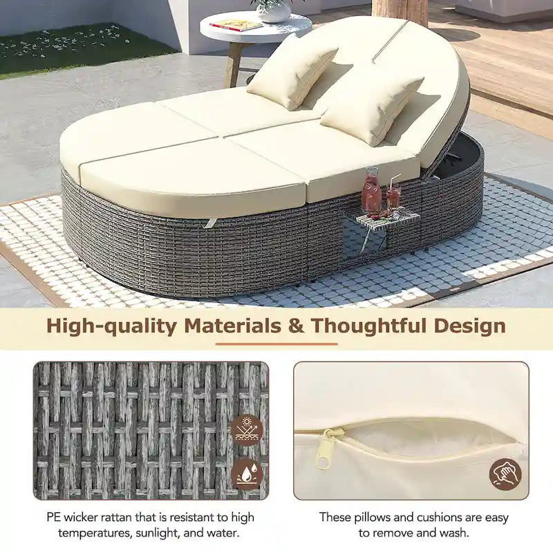 Outdoor Patio Rattan Round Daybed Sunbed with Adjustable Backrests and Foldable Cup Trays