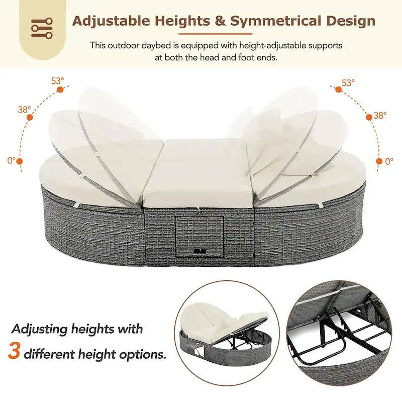 Outdoor Patio Rattan Round Daybed Sunbed with Adjustable Backrests and Foldable Cup Trays