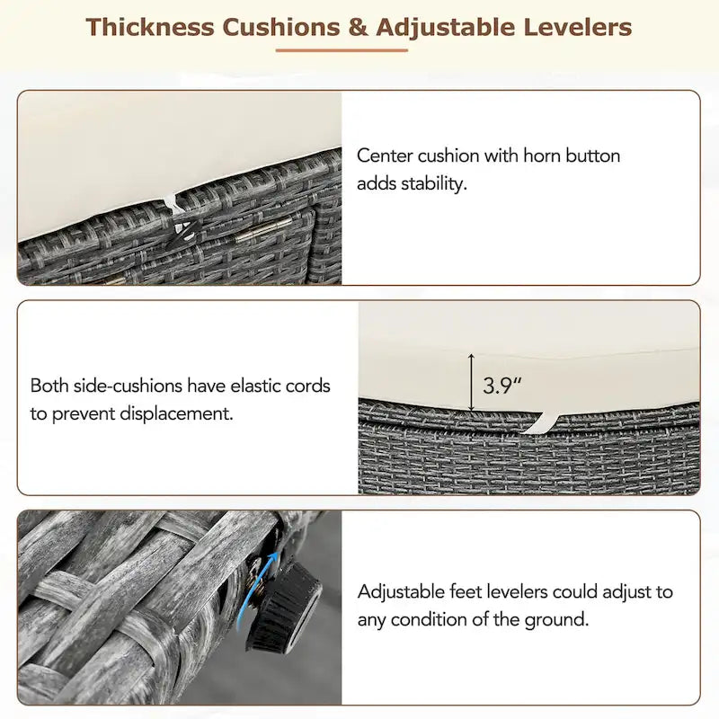 Outdoor Patio Rattan Round Daybed Sunbed with Adjustable Backrests and Foldable Cup Trays