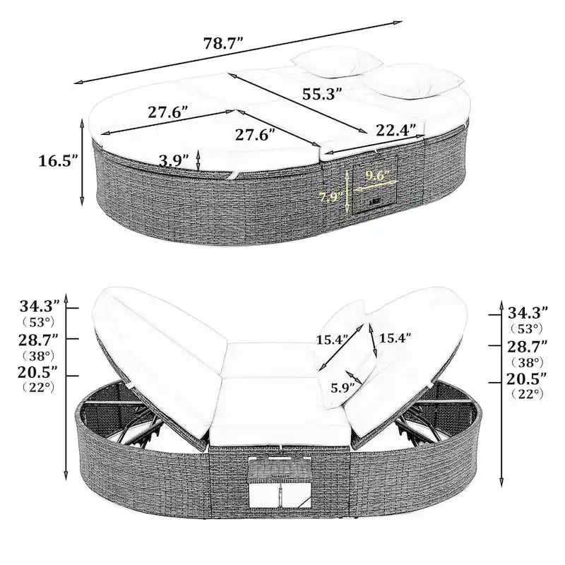 Outdoor Patio Rattan Round Daybed Sunbed with Adjustable Backrests and Foldable Cup Trays