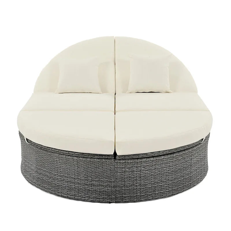 Outdoor Patio Rattan Round Daybed Sunbed with Adjustable Backrests and Foldable Cup Trays