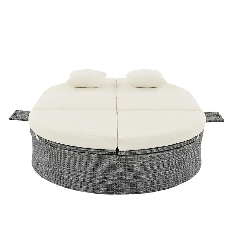 Outdoor Patio Rattan Round Daybed Sunbed with Adjustable Backrests and Foldable Cup Trays