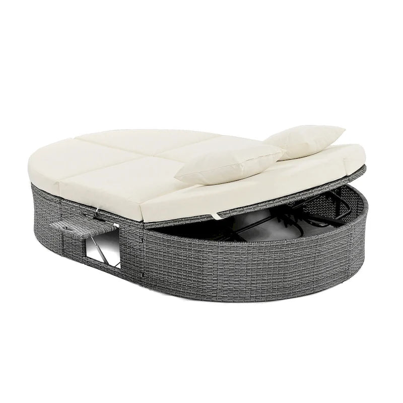 Outdoor Patio Rattan Round Daybed Sunbed with Adjustable Backrests and Foldable Cup Trays