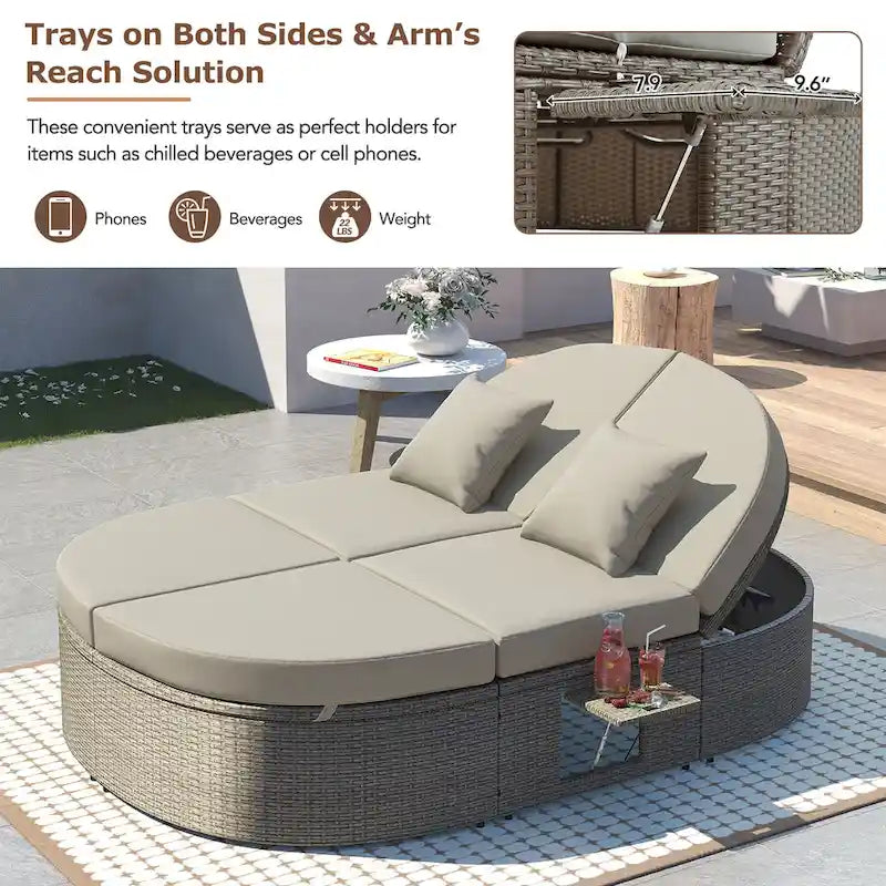 Outdoor Patio Rattan Round Daybed Sunbed with Adjustable Backrests and Foldable Cup Trays