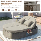 Outdoor Patio Rattan Round Daybed Sunbed with Adjustable Backrests and Foldable Cup Trays