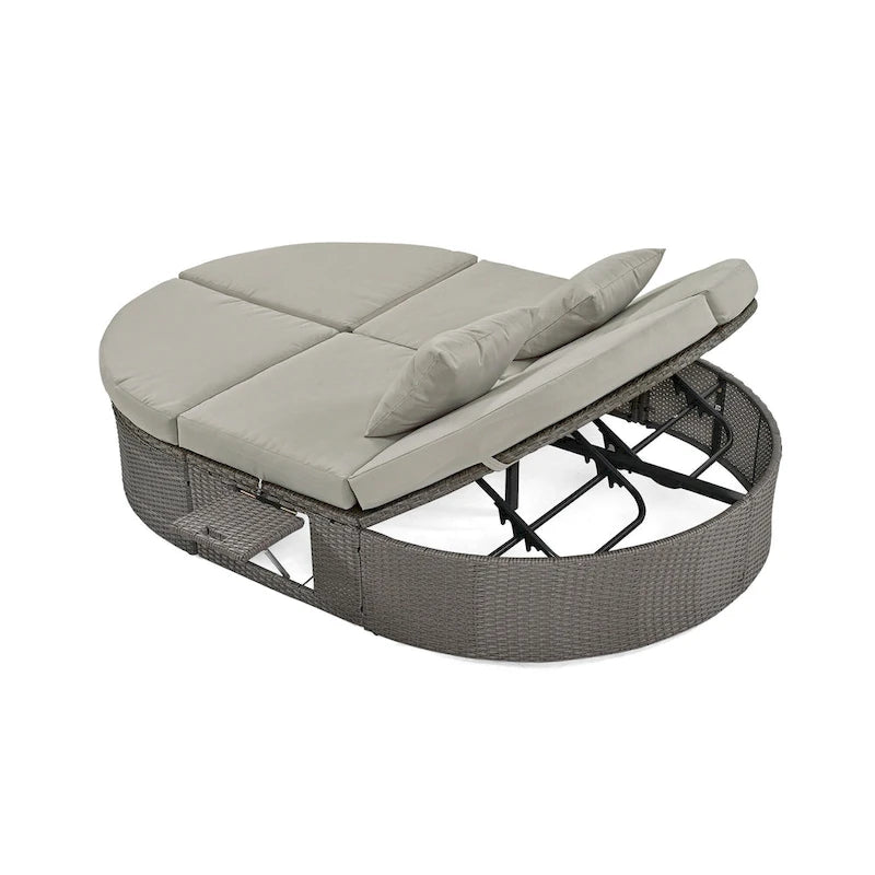 Outdoor Patio Rattan Round Daybed Sunbed with Adjustable Backrests and Foldable Cup Trays