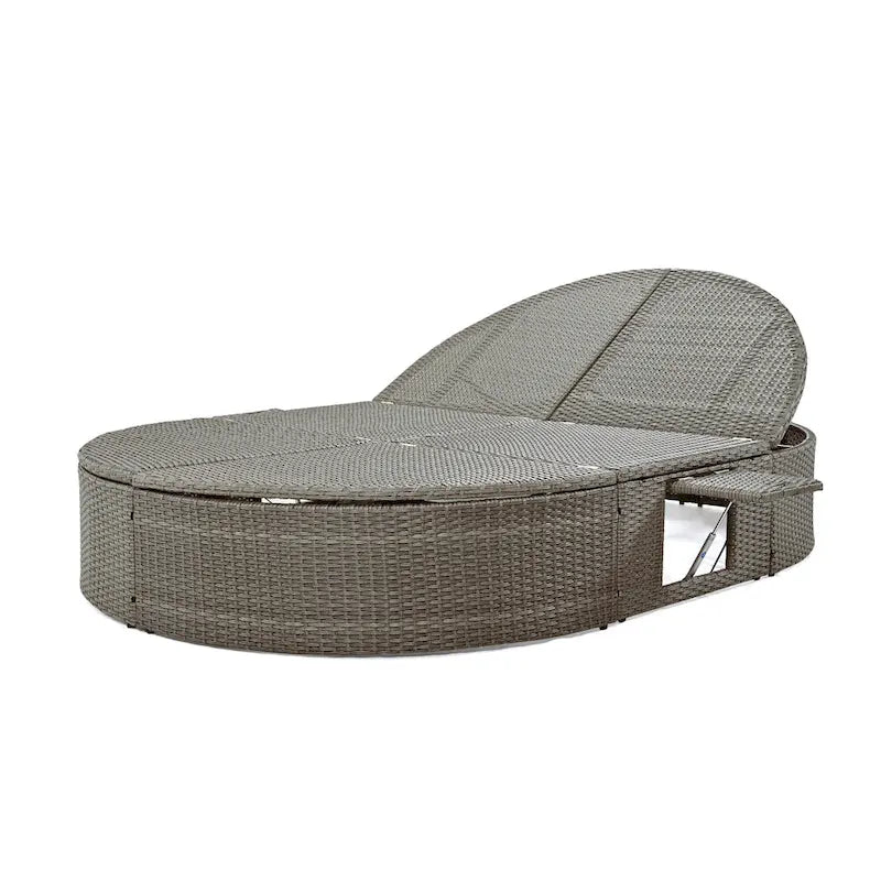 Outdoor Patio Rattan Round Daybed Sunbed with Adjustable Backrests and Foldable Cup Trays