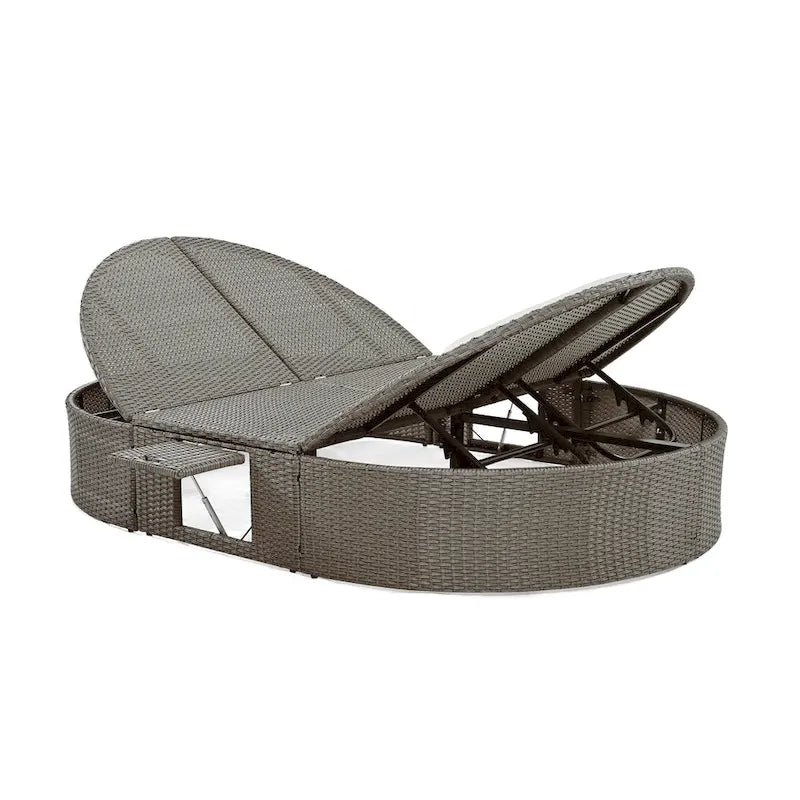 Outdoor Patio Rattan Round Daybed Sunbed with Adjustable Backrests and Foldable Cup Trays