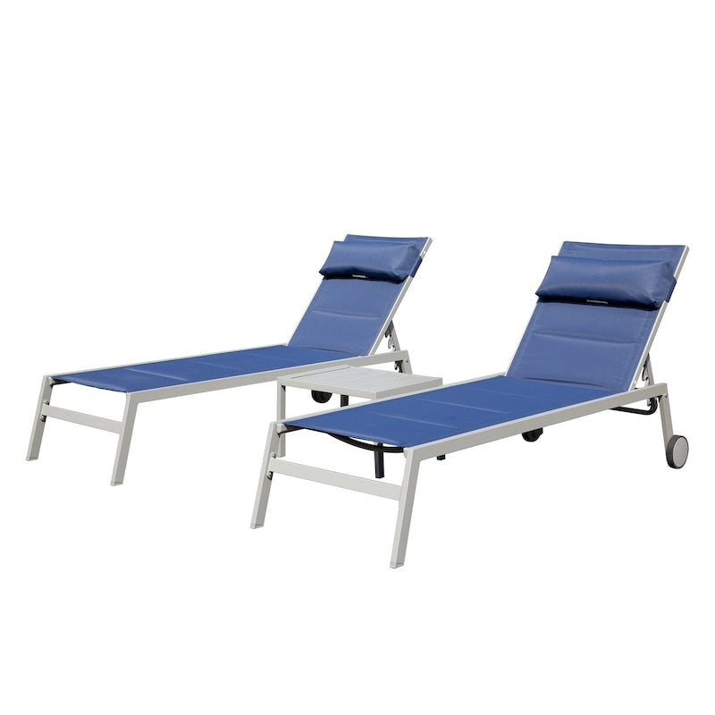 Outdoor Patio Chaise Lounge Set of 3, Aluminum Pool Lounge Chairs with Side Table & Wheels, Padded Adjustable for Poolside Beach