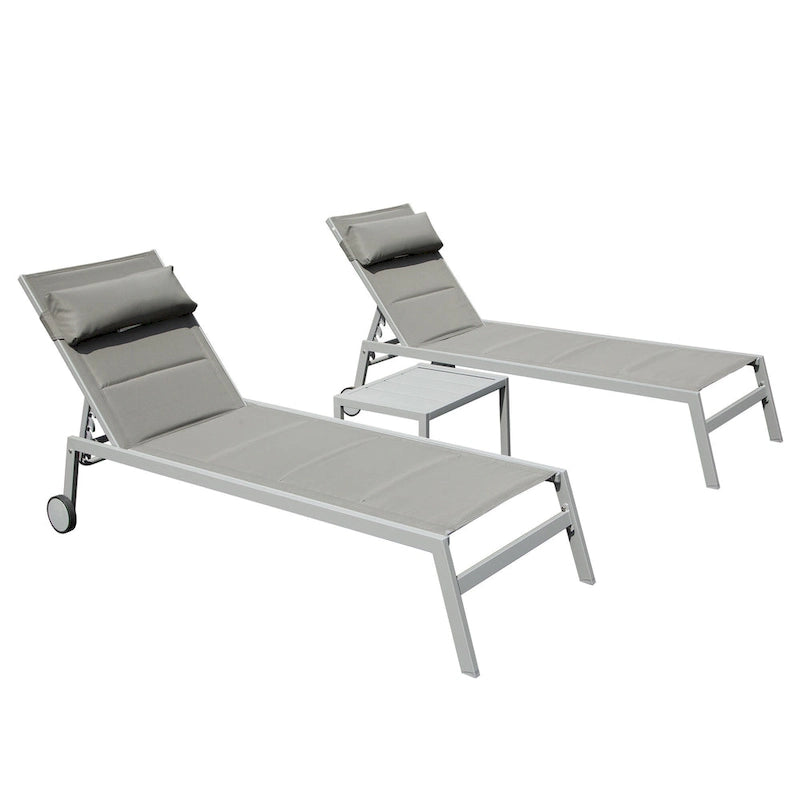 Outdoor Patio Chaise Lounge Set of 3, Aluminum Pool Lounge Chairs with Side Table & Wheels, Padded Adjustable for Poolside Beach