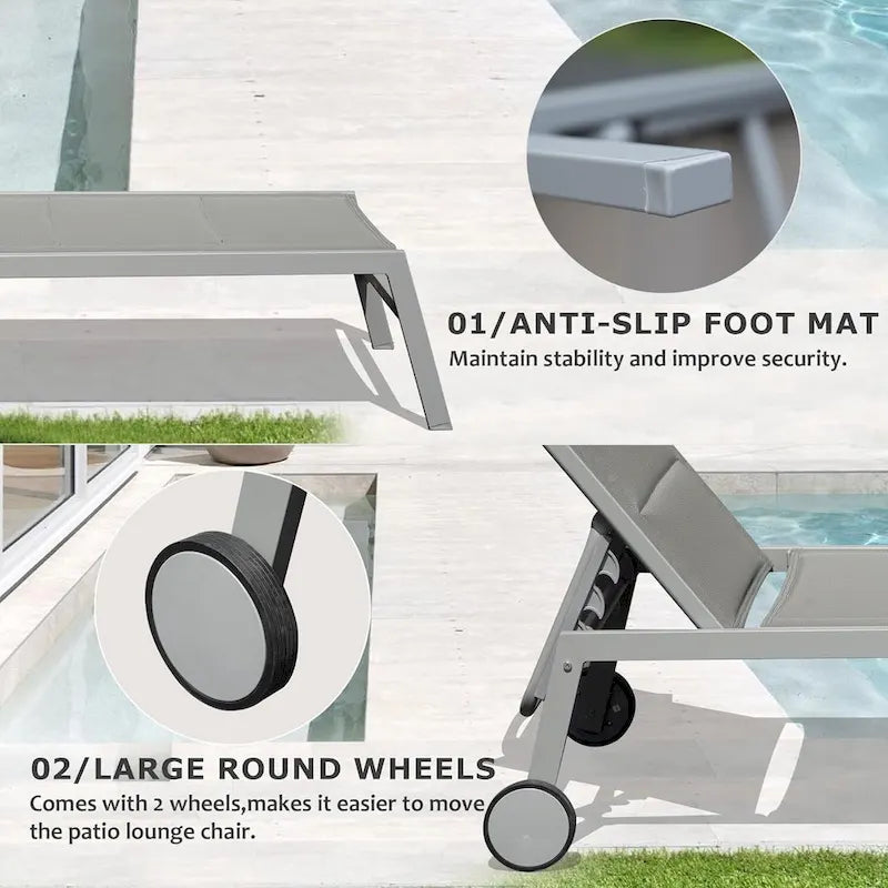 Outdoor Patio Chaise Lounge Set of 3, Aluminum Pool Lounge Chairs with Side Table & Wheels, Padded Adjustable for Poolside Beach