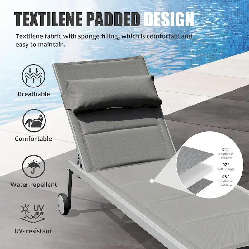 Outdoor Patio Chaise Lounge Set of 3, Aluminum Pool Lounge Chairs with Side Table & Wheels, Padded Adjustable for Poolside Beach