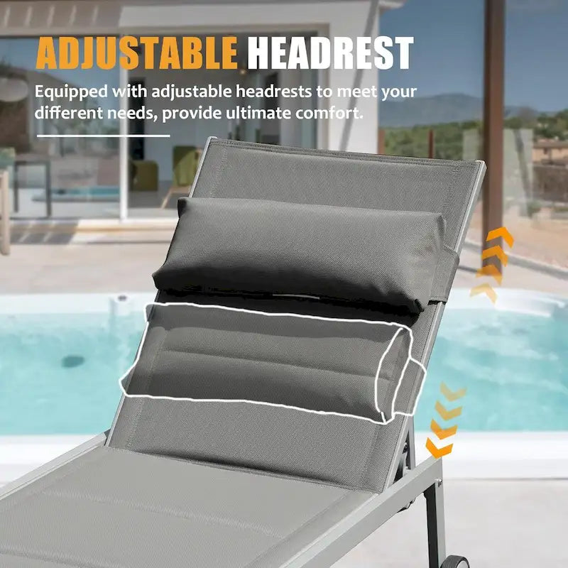 Outdoor Patio Chaise Lounge Set of 3, Aluminum Pool Lounge Chairs with Side Table & Wheels, Padded Adjustable for Poolside Beach