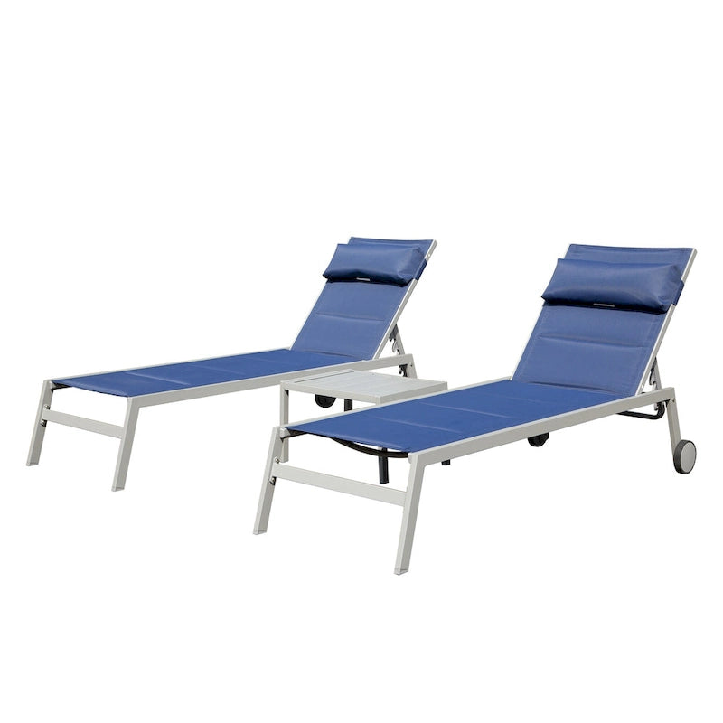 Outdoor Patio Chaise Lounge Set of 3, Aluminum Pool Lounge Chairs with Side Table & Wheels, Padded Adjustable for Poolside Beach