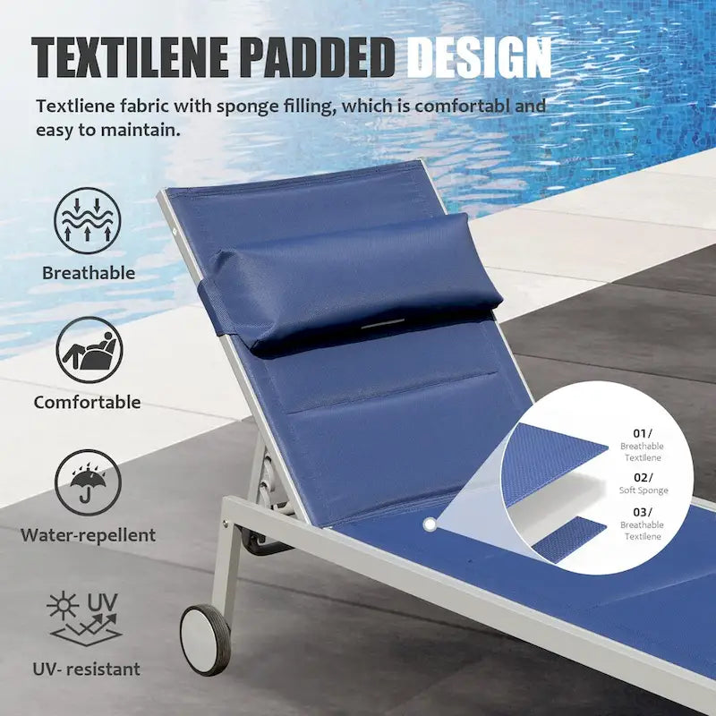 Outdoor Patio Chaise Lounge Set of 3, Aluminum Pool Lounge Chairs with Side Table & Wheels, Padded Adjustable for Poolside Beach