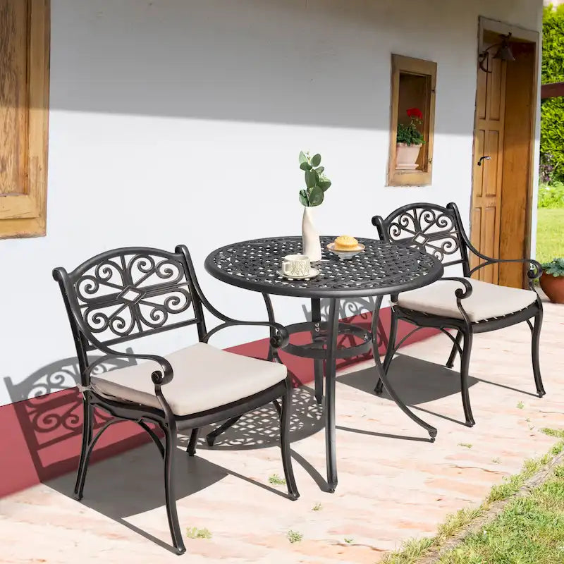 Outdoor Cast Aluminum Bistro Set of 3 with Umbrella Hole and Cushions