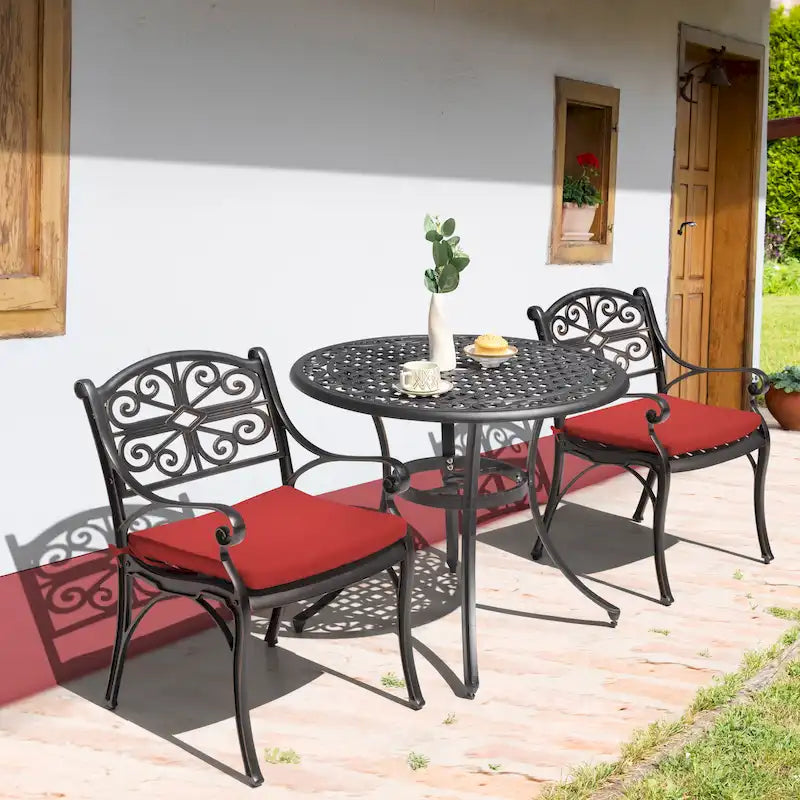 Outdoor Cast Aluminum Bistro Set of 3 with Umbrella Hole and Cushions