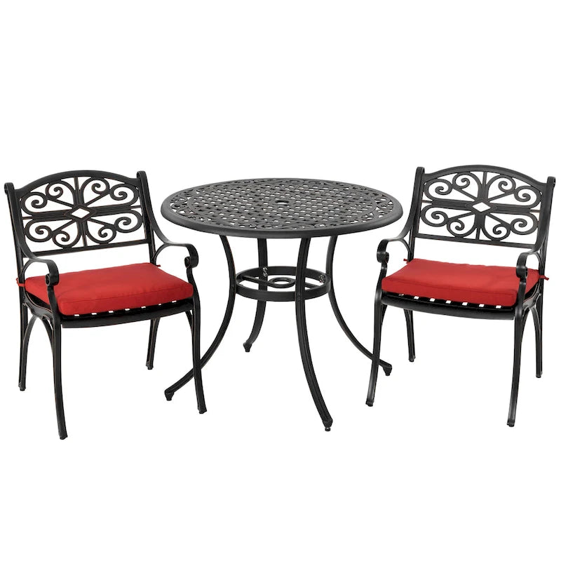 Outdoor Cast Aluminum Bistro Set of 3 with Umbrella Hole and Cushions