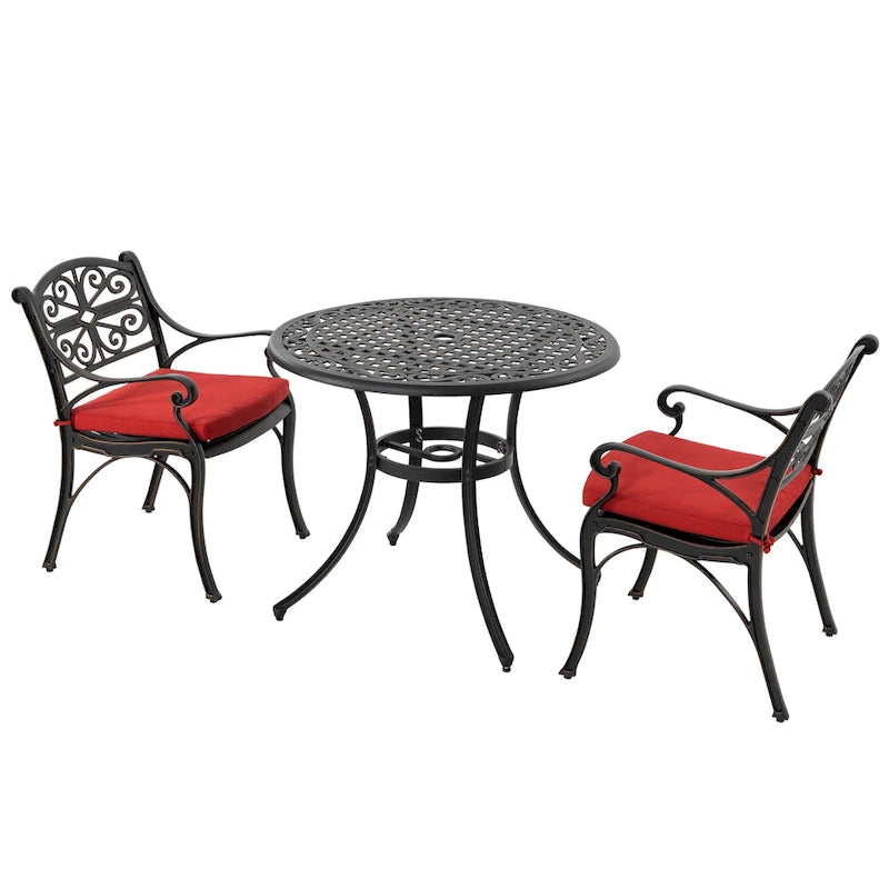 Outdoor Cast Aluminum Bistro Set of 3 with Umbrella Hole and Cushions