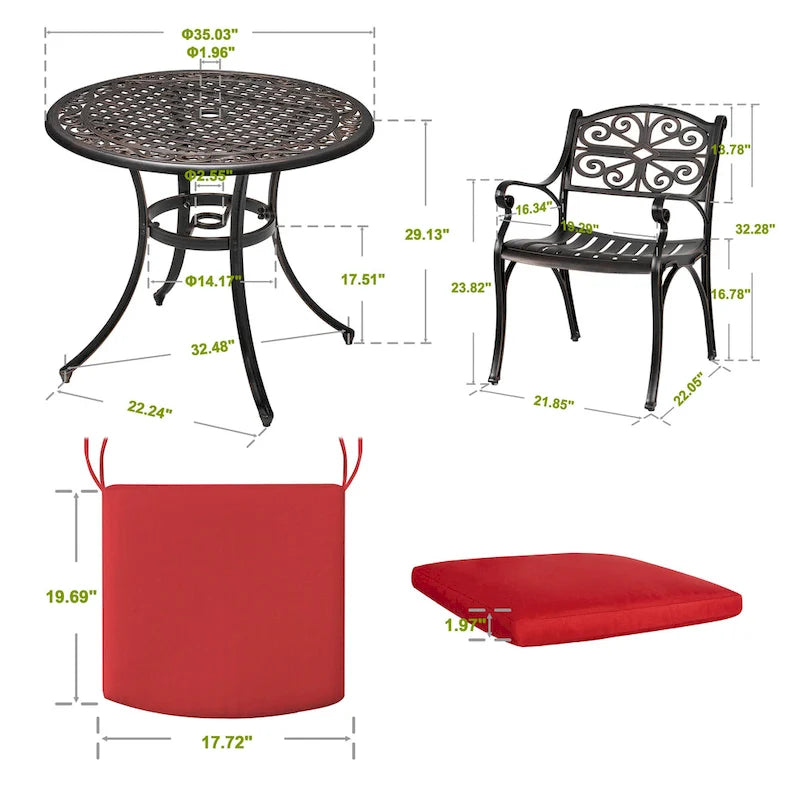 Outdoor Cast Aluminum Bistro Set of 3 with Umbrella Hole and Cushions