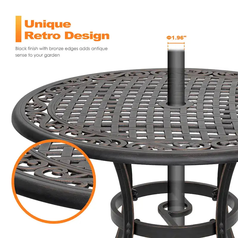 Outdoor Cast Aluminum Bistro Set of 3 with Umbrella Hole and Cushions