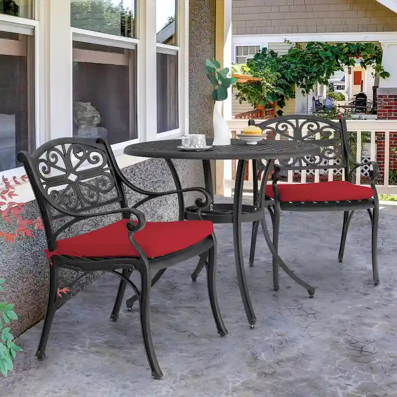 Outdoor Cast Aluminum Bistro Set of 3 with Umbrella Hole and Cushions