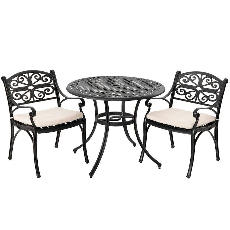 Outdoor Cast Aluminum Bistro Set of 3 with Umbrella Hole and Cushions