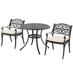 Outdoor Cast Aluminum Bistro Set of 3 with Umbrella Hole and Cushions