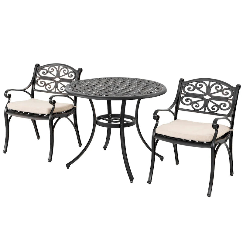 Outdoor Cast Aluminum Bistro Set of 3 with Umbrella Hole and Cushions